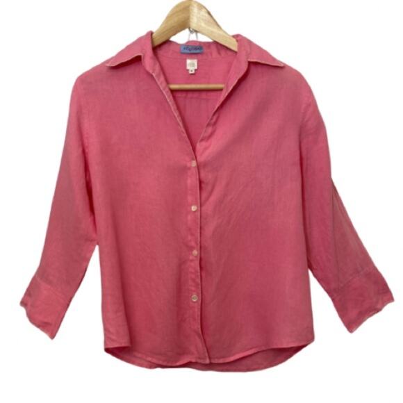 Acrobat Pink Linen 3/4 Sleeve Open Collar Button Up Blouse Shirt Top - Picture 1 of 7